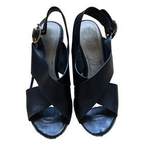 Black Leather Chunky Heels Cross Strap Gold Buckle Italian Size 6